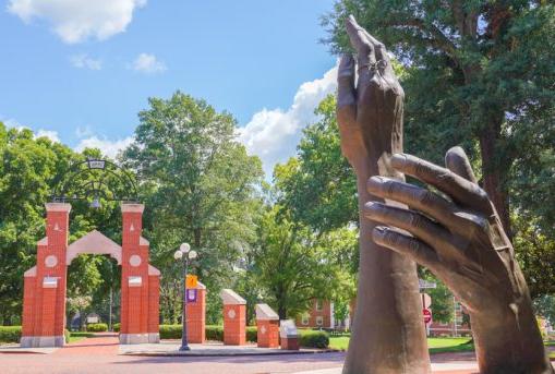 Becoming sculpture and Main Quad on the University of Montevallo campus.